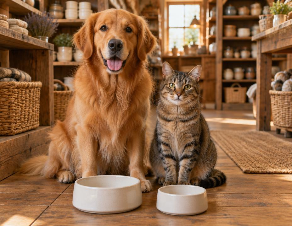 Cão e gato em ambiente de loja de produtos para animais