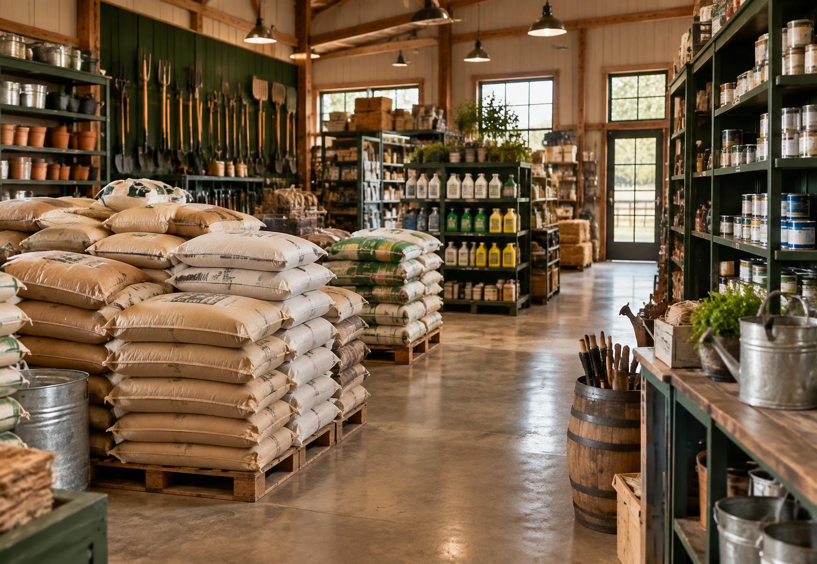 Interior de loja com rações, ferramentas e produtos diversos